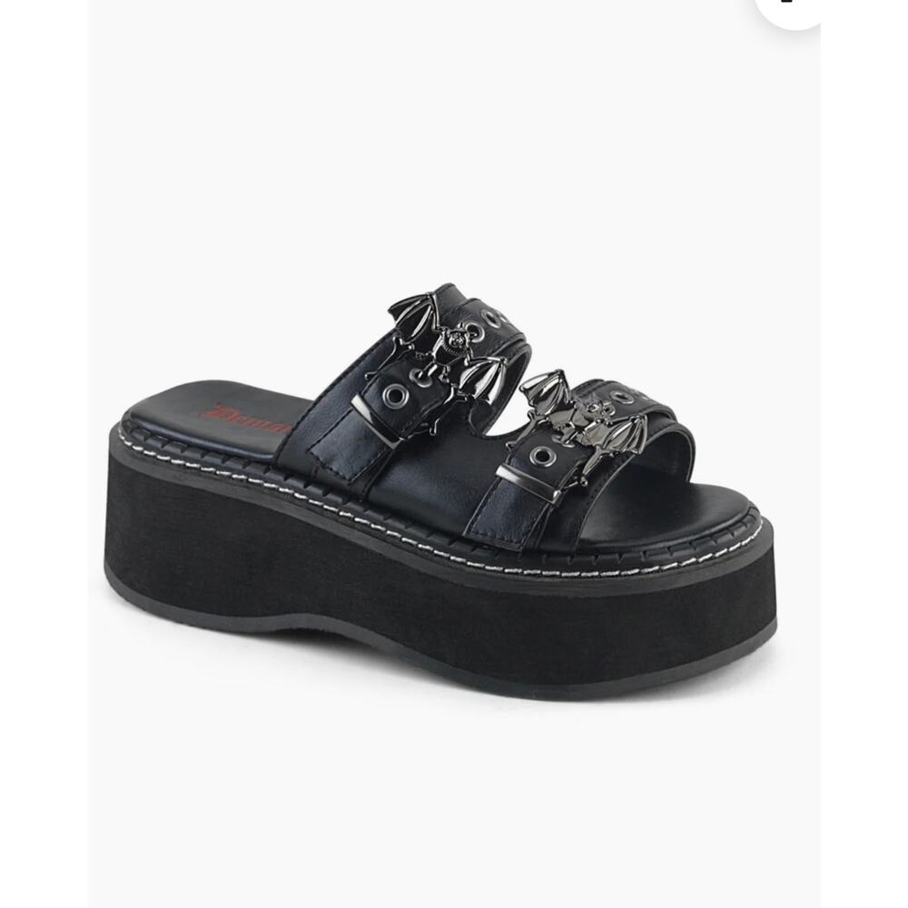 Demonia Emily-100 Black Bat Buckle Platform Slide Sandals Vegan Size 7